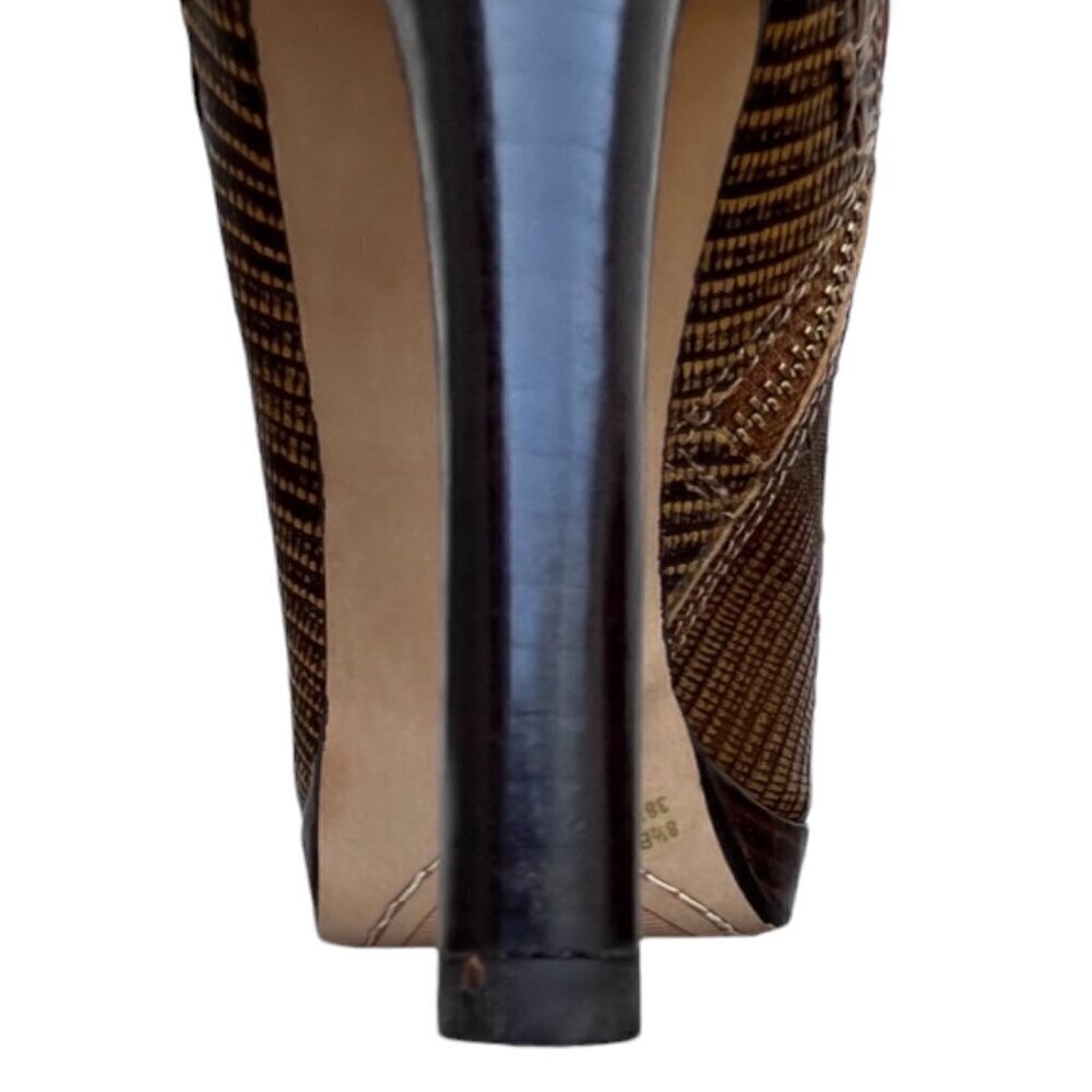 Vince Camuto Brown VC-Night Woven Leather Peep Toe Side Zipper 4.5" Shoes 8.5B - Picture 7 of 16